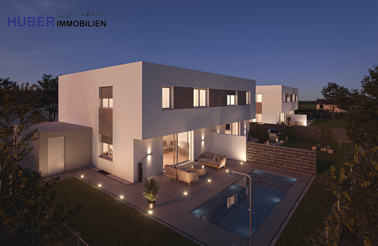 3D-Visualisierung Doppelhäuser Garten Nachtperspektive